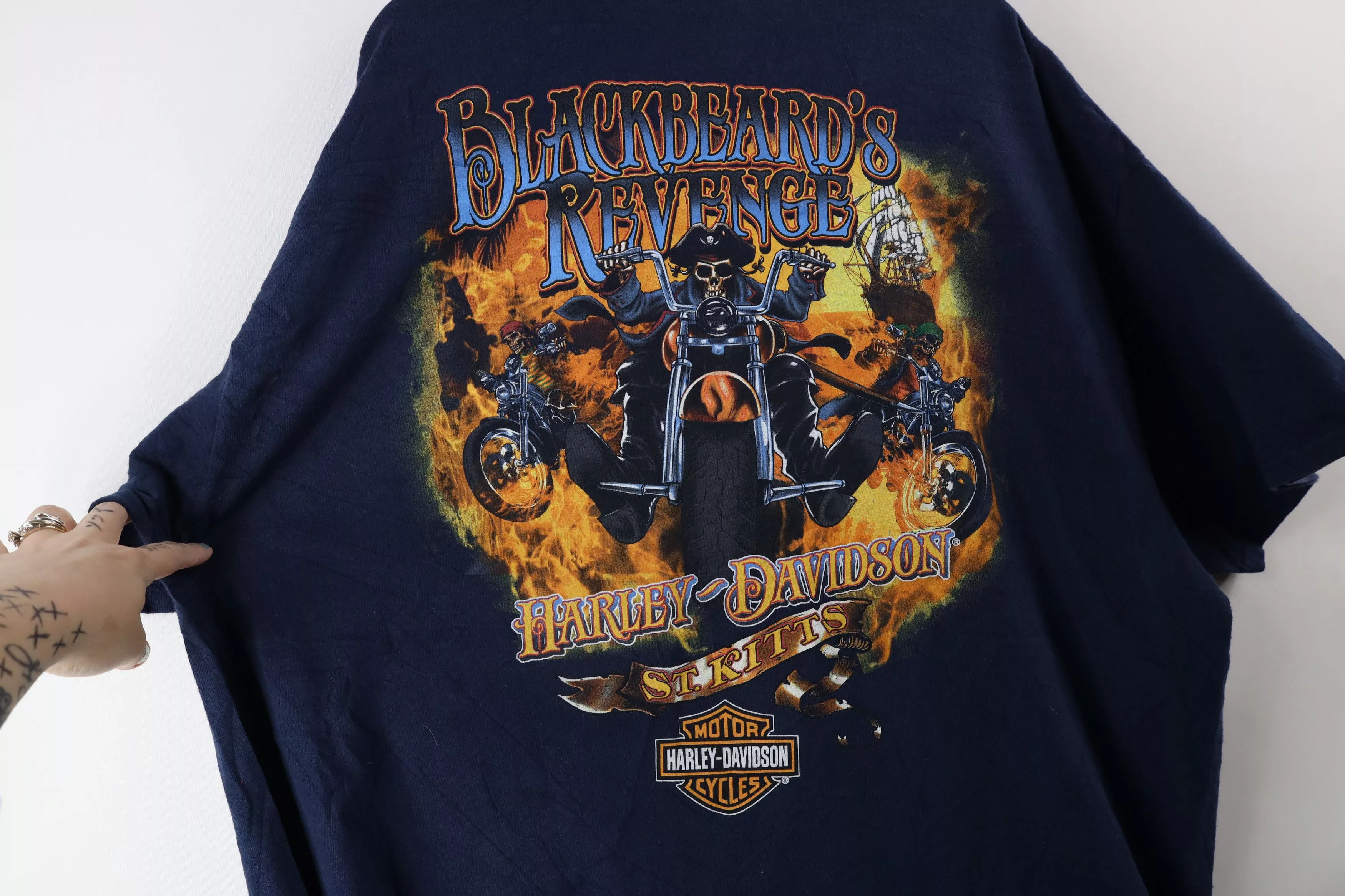 Harley Davidson Short Sleeve T Shirts Harley Davidson × Vintage Vintage Harley Davidson Skull Fire Flames T-Shirt Blue