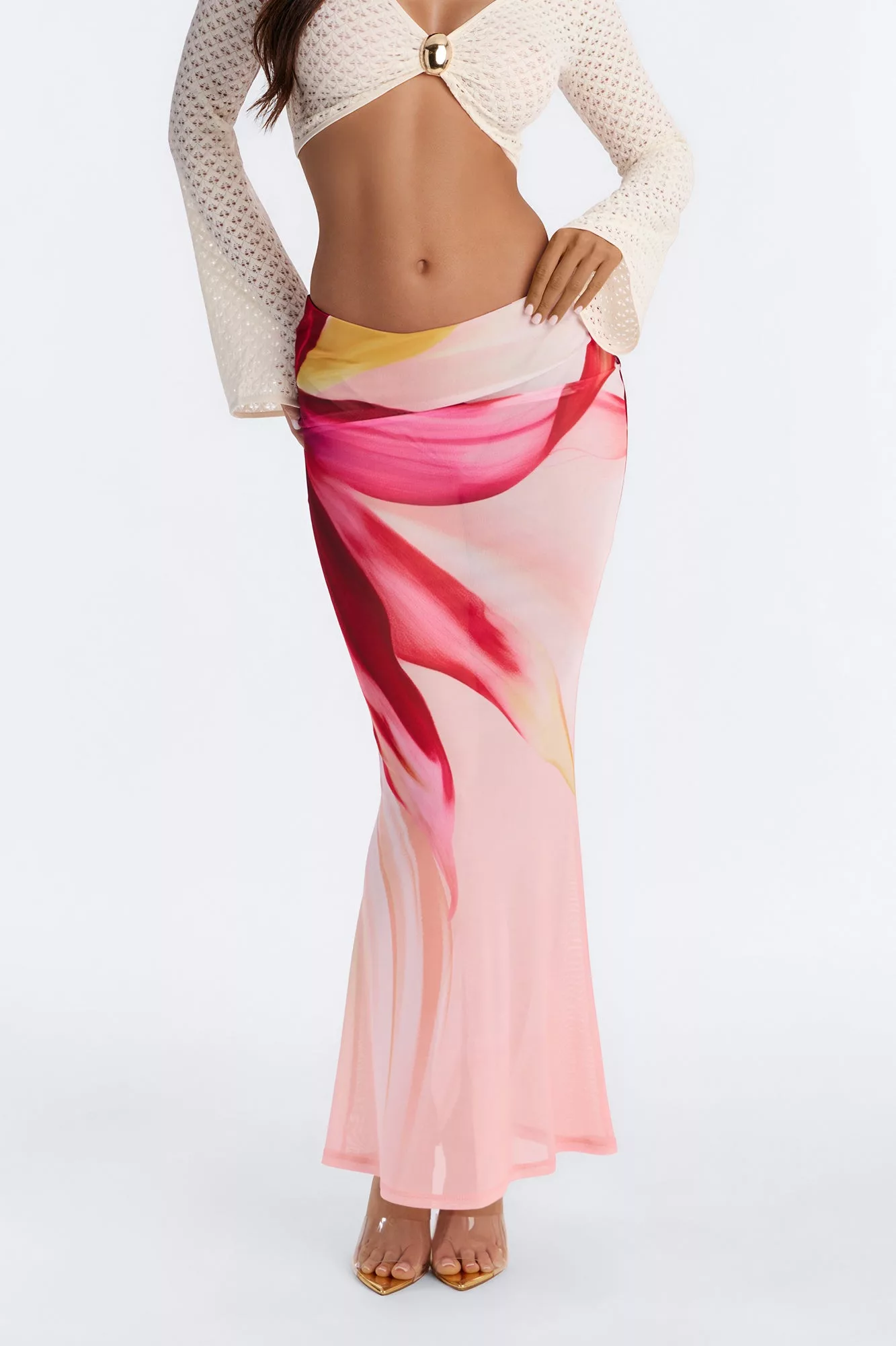 Soleil Sheer Floral Mesh Maxi Skirt - Pink/combo