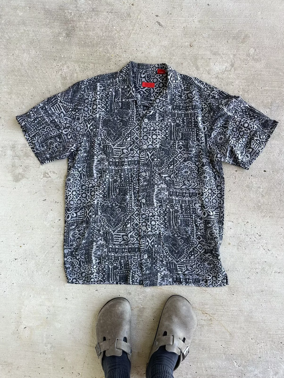 Izod Shirts Button Ups Izod × Vintage Vintage IZOD Tribal Floral Print Silk Shirt Gray Streetwear