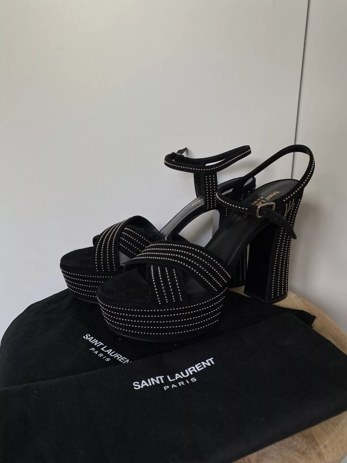 Saint Laurent Paris Platforms Saint Laurent Paris Saint Laurent Suede Studded Candy 80 Platform Sandals Black Luxury
