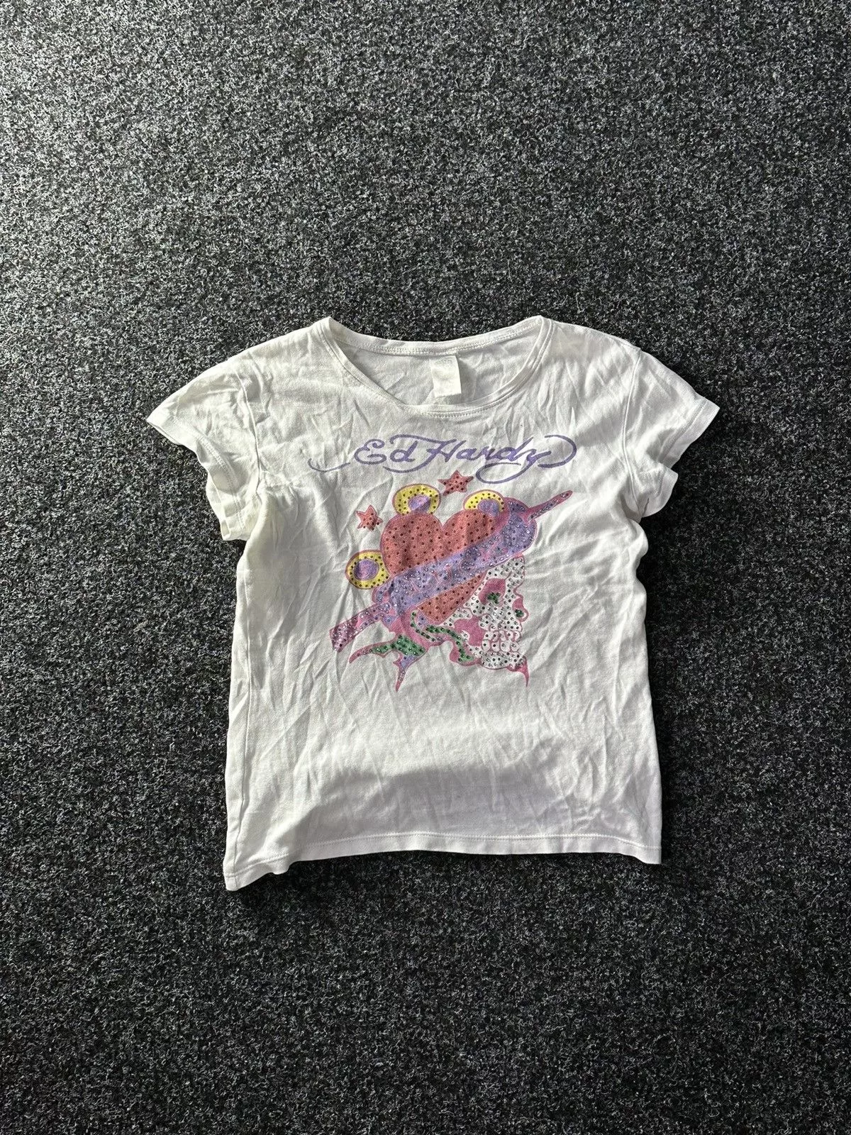 Designer Short Sleeve T Shirts Designer × Ed Hardy ❗️Vintage Ed Hardy tiger big True Love Logo Women Tee Gray Streetwear