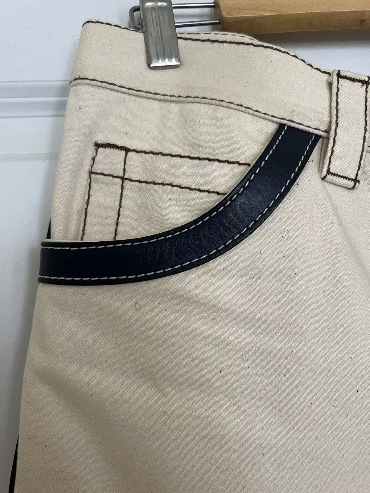 Prada Denim PRADA Spring 2015 leather trim natural color denim jeans 30 White