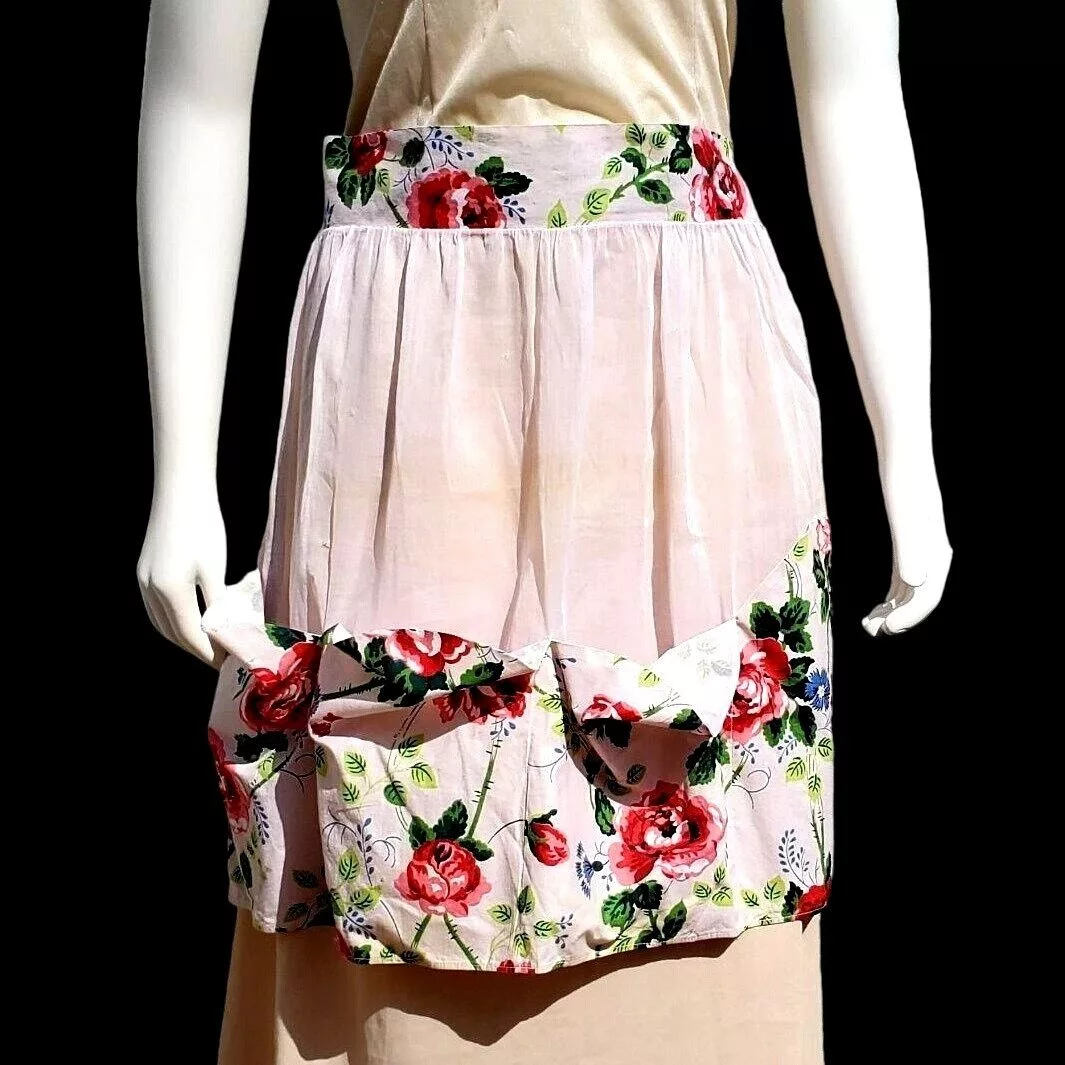 Vintage Mini Skirts Vintage Apron 30s 40s Pale Pink Floral Sheer Pockets S M