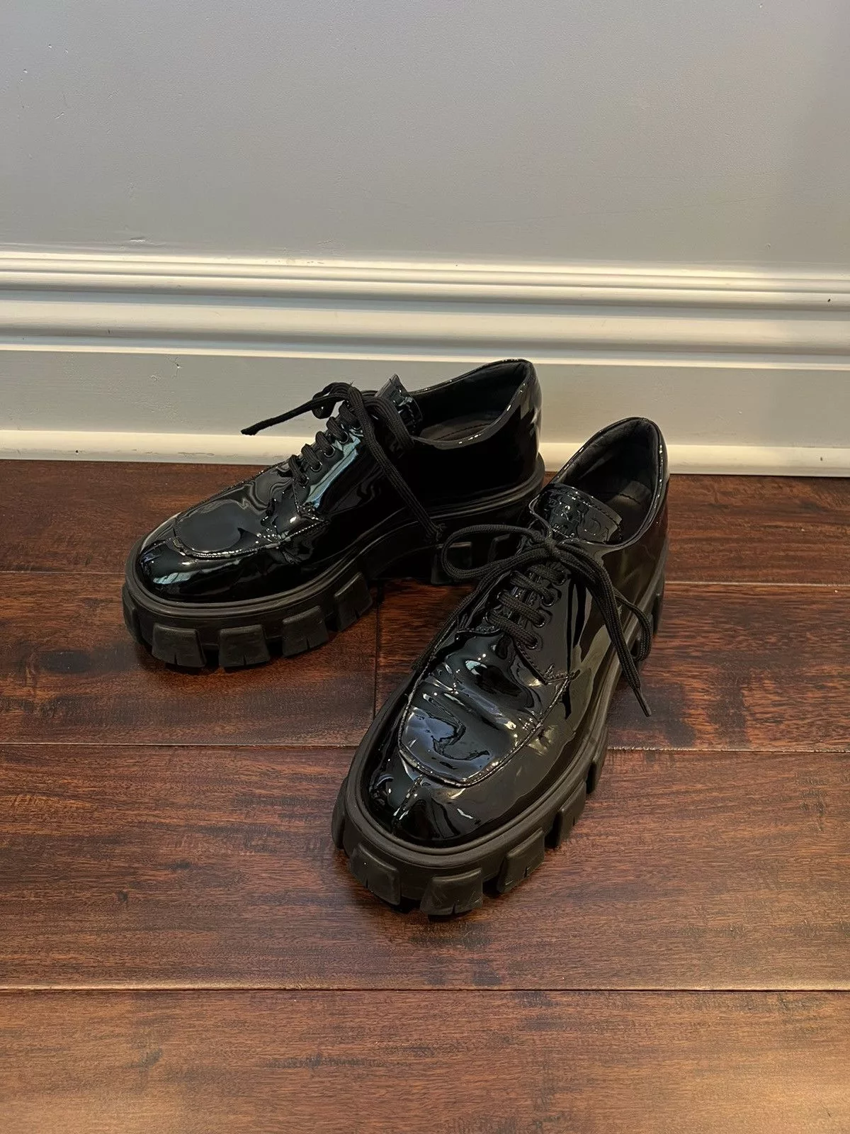 Prada Platforms Prada Monolith Patent Leather Lace-up Black