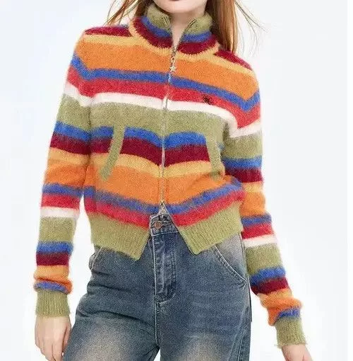 Designer Sweaters Designer × Japanese Brand Colorful Striped Zip Cardigan Sweater Green Streetwear