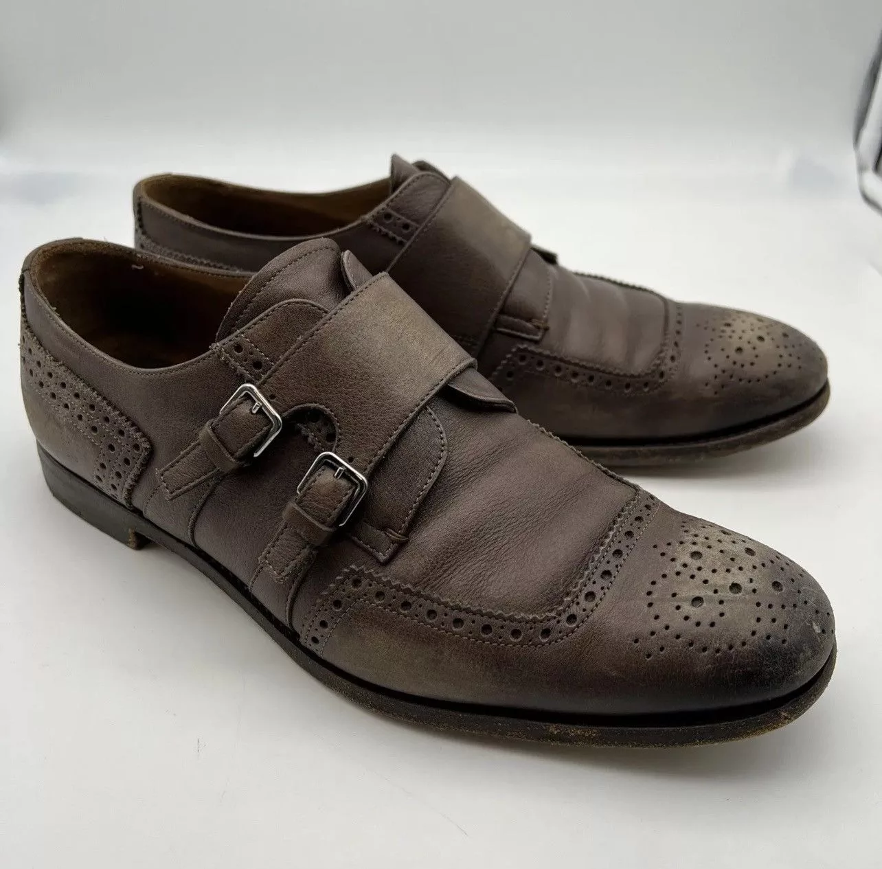 Prada Formal Shoes PRADA Perforated Double Monk Strap Leather Oxfords Brown