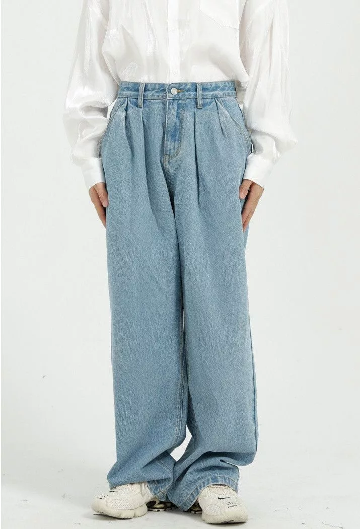 Designer Denim Designer × Japanese Brand Blue Washed Loose Wide Leg Straight Jeans Streetwear