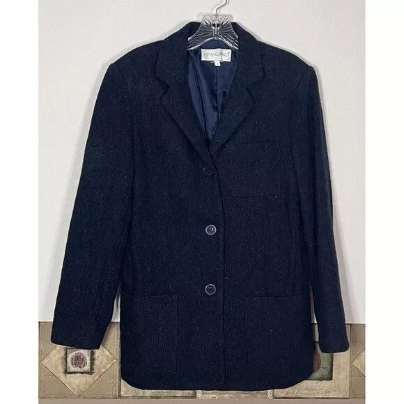 Sandro Blazers SANDRO Tweed 100% Wool Lined Blazer Jacket Buttons Blue