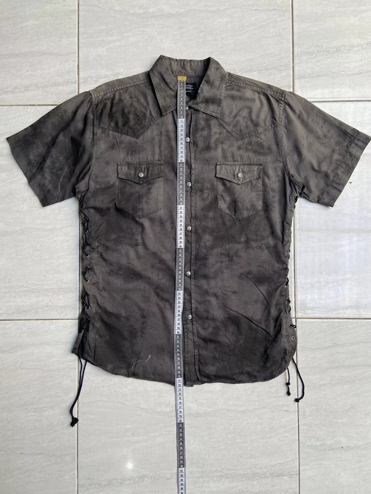 Designer Shirts Button Ups Designer × Japanese Brand × Seditionaries SPLENDID SATISFACTION Tie Dye Patterned Laces Shirt Black