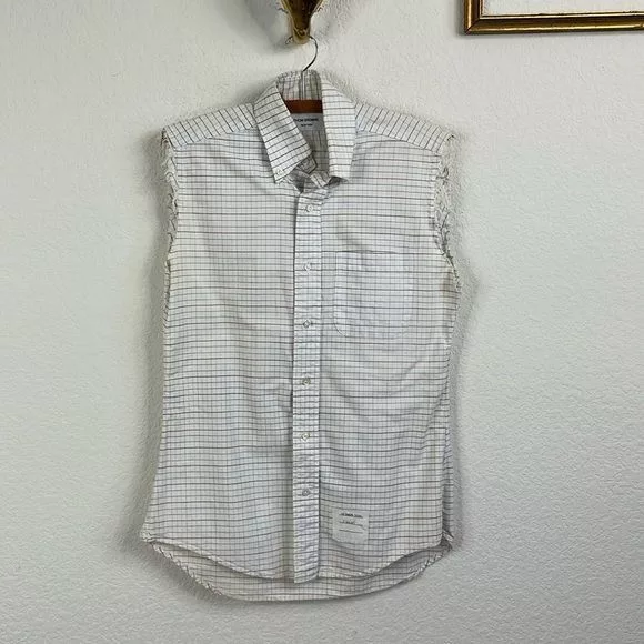 Thom Browne Shirts Button Ups Thom Browne Thom Brown Poplin Cotton 2009 Gridded Frayed Sleeveless Men' White