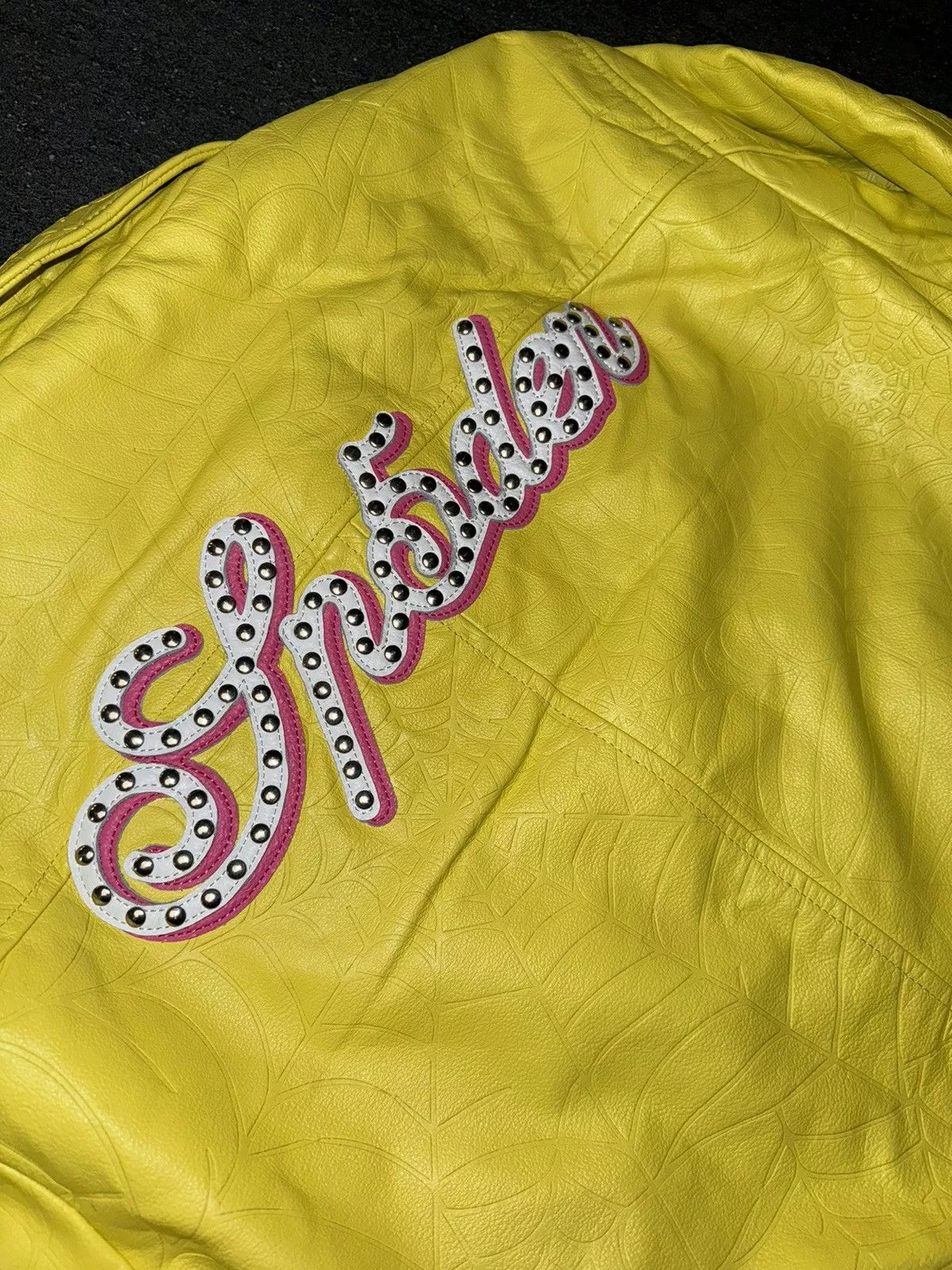 Sp5der Leather Jackets Sp5der Debossed Web Leather Jacket Yellow