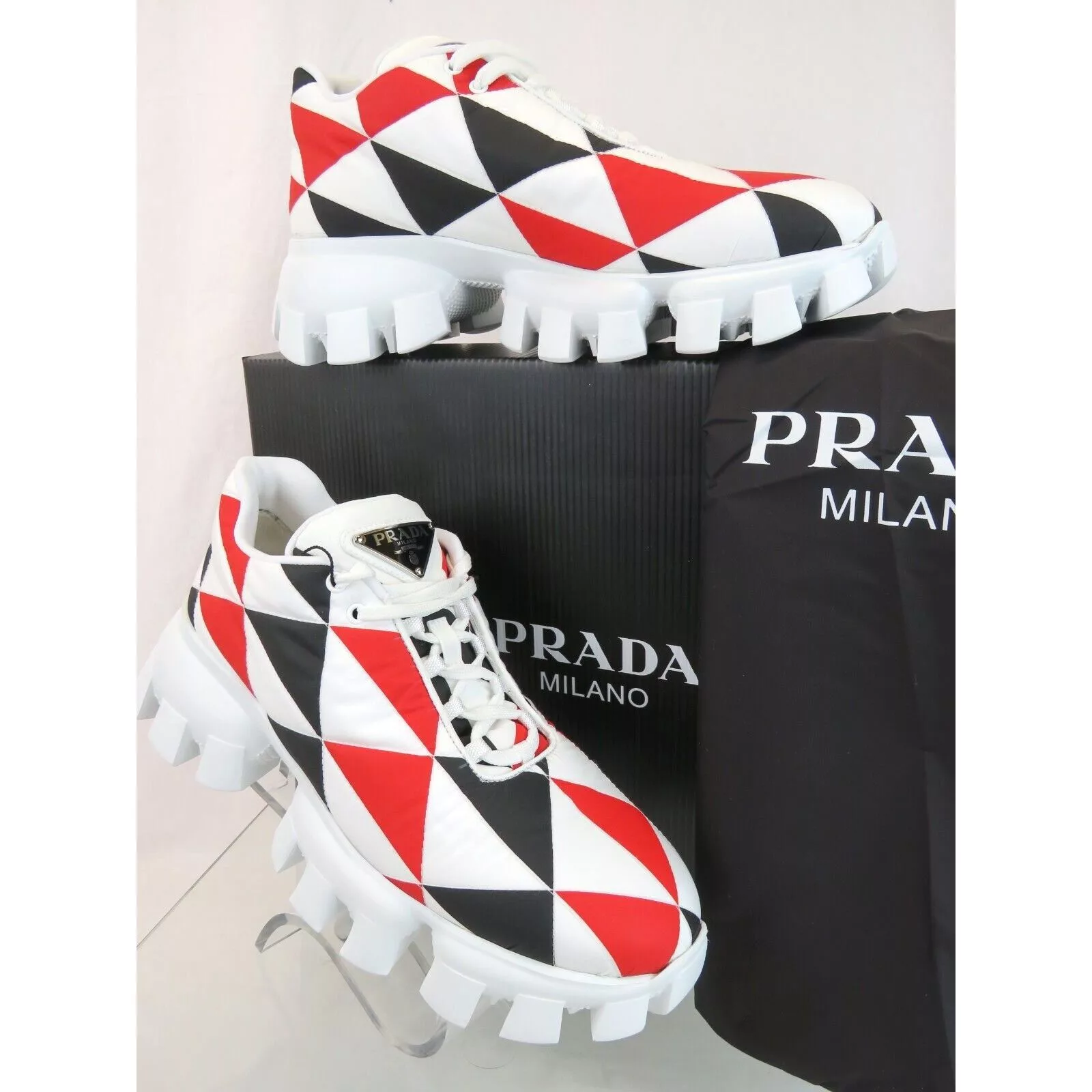 Prada Low Top Sneakers Prada 1E863M WHITE BLACK RED NYLON LOGO THUNDER LOW SNEAKERS 38.5