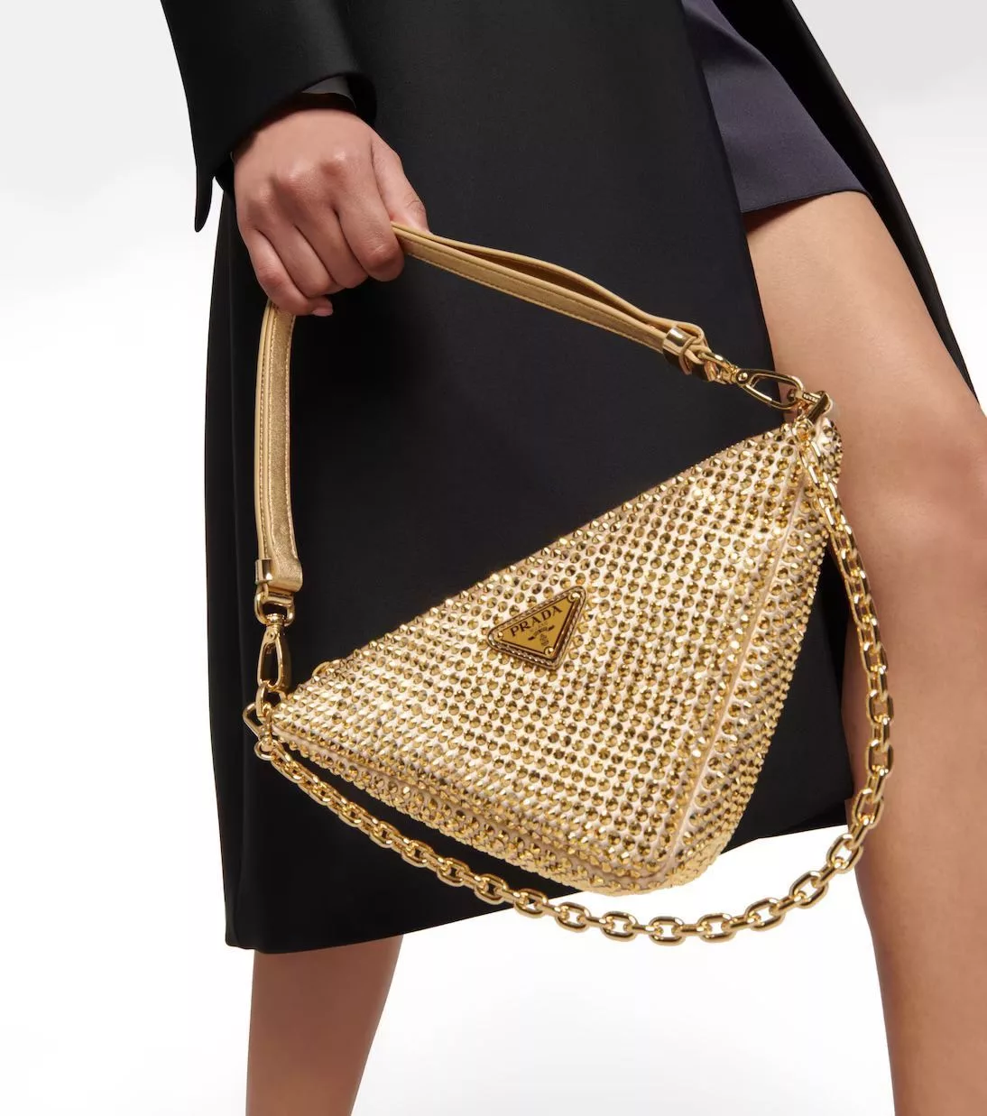 Prada Shoulder Bags Prada Re-Edition Triangle Crystal Embellished Shoulder Bag Gold