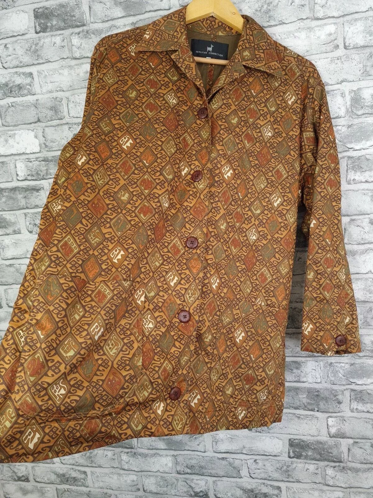 Designer Sweaters Designer Peruvian Connection Jacket Uk 16 18 Vtg Cotton Aztec Tribal Brown