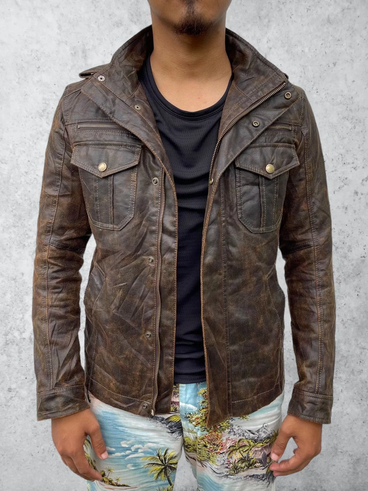 14th Addiction Leather Jackets 14th Addiction × Japanese Brand × KMRii 🔥Vintage Rattle Trap Synthetic Leather Raiders Wax Jacket Brown