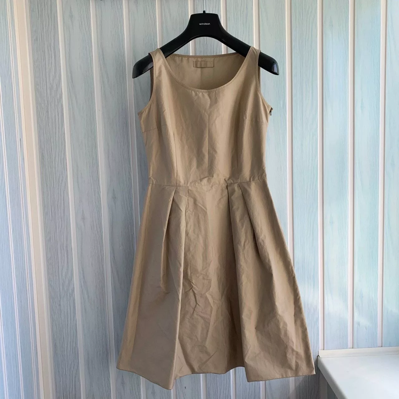 Prada Midi Dresses Prada Beige Polyester Zip Pleated Sleeveless Fit Flare Dress