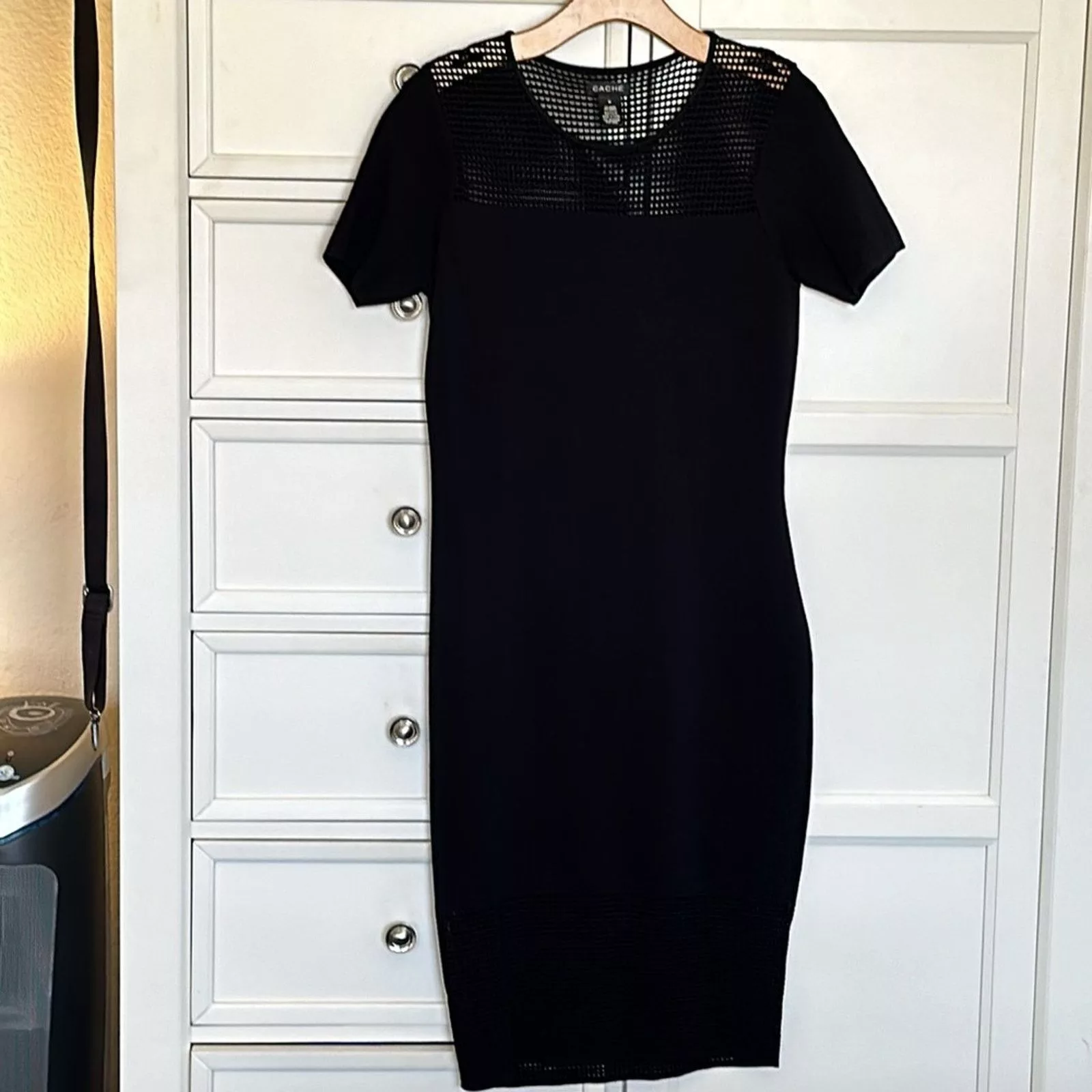 Vintage Mini Dresses Vintage VTG Cachè Bandage Bodycon Midi Dress Black Sz XL Perforated
