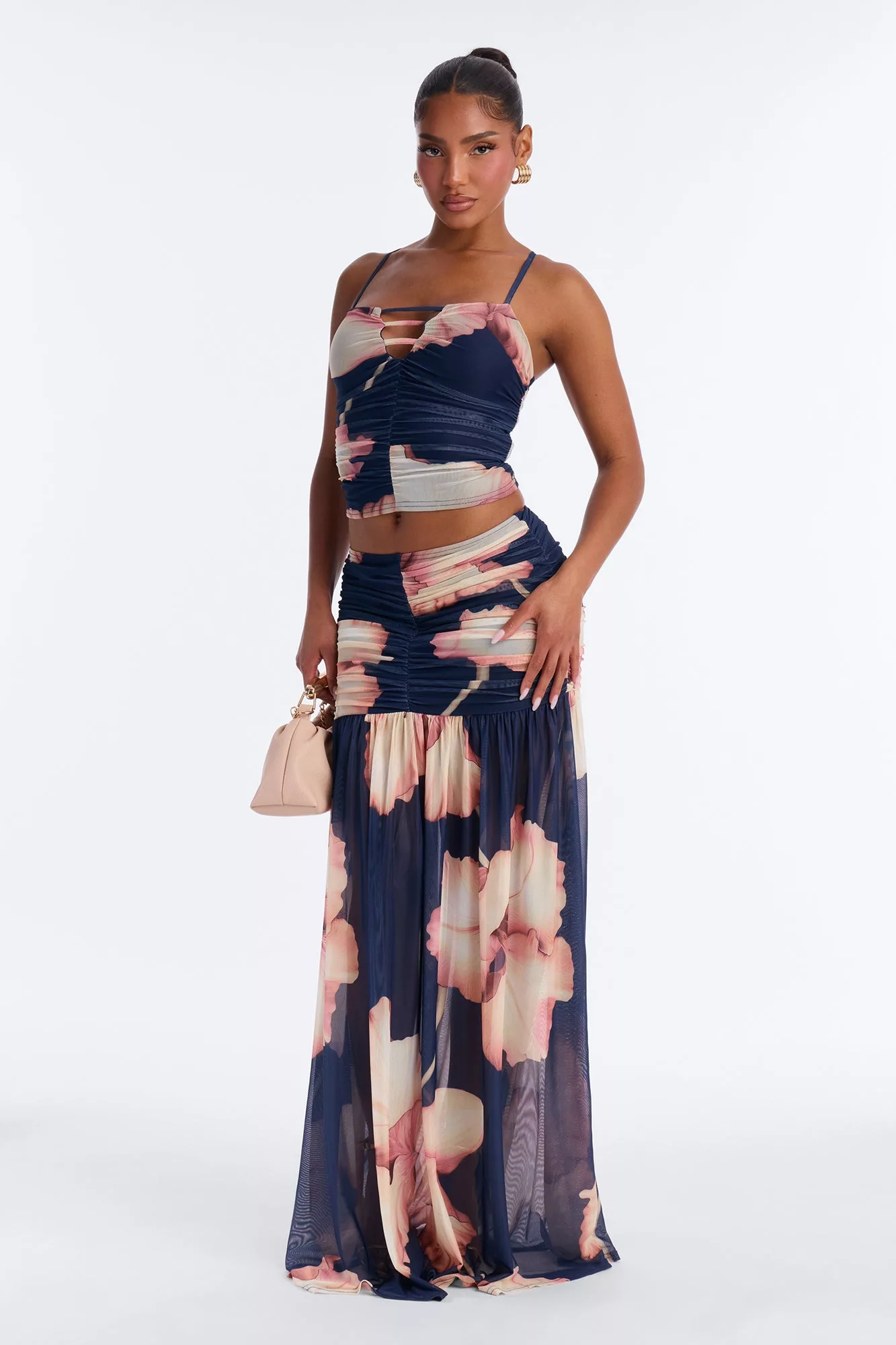 Hallie Floral Mesh Maxi Skirt Set - Navy/combo