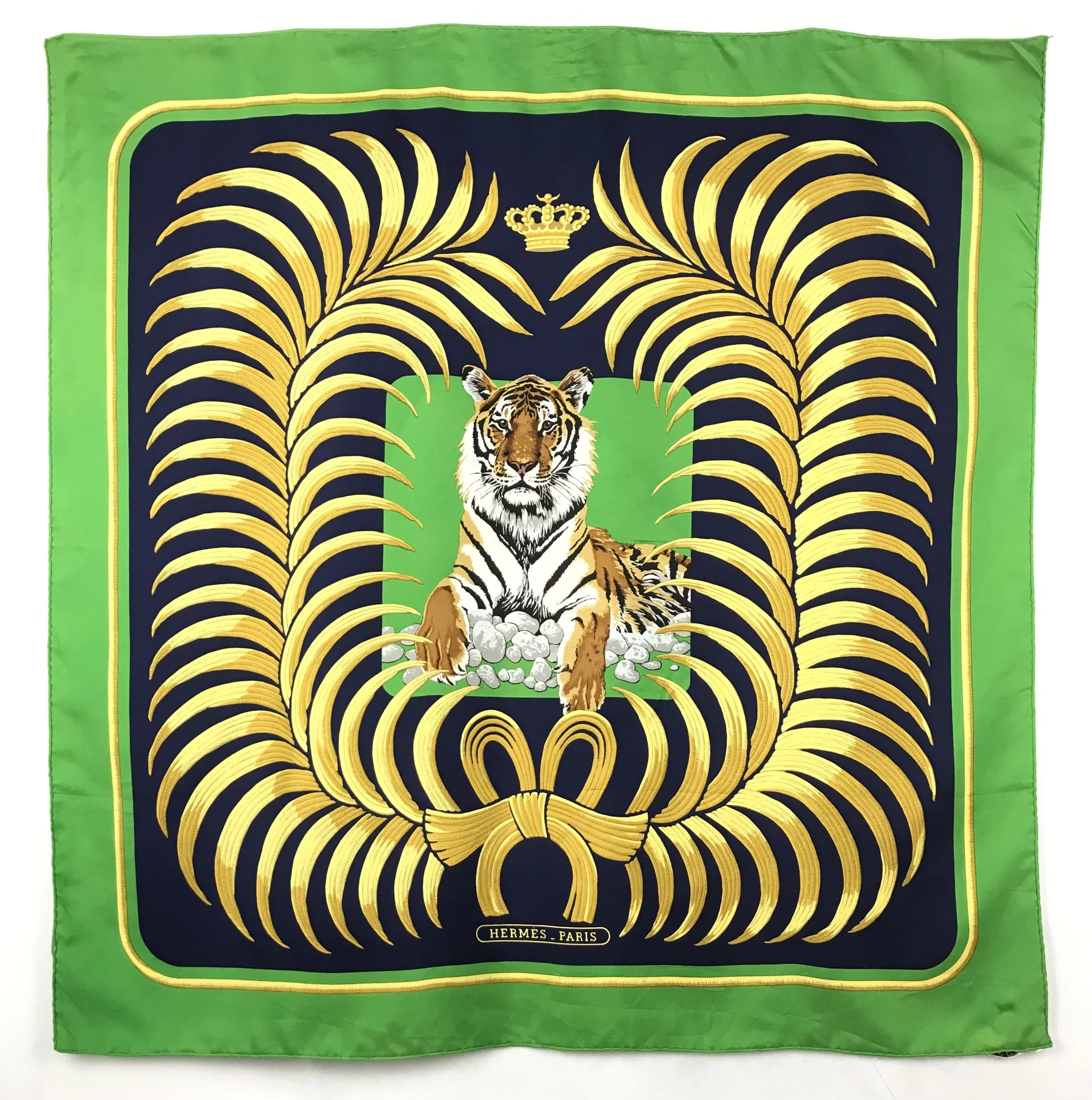 Hermes Scarves Hermes × Vintage H819 Vintage Hermes Silk Scarf Le Tigre Royal Green Gold Multi Luxury