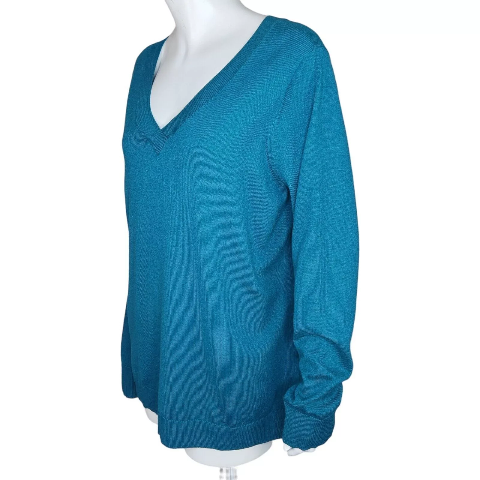 Denim & Co. Blouses Denim & Co. V-Neck Pullover Sweater Spruce BlueGreen Large
