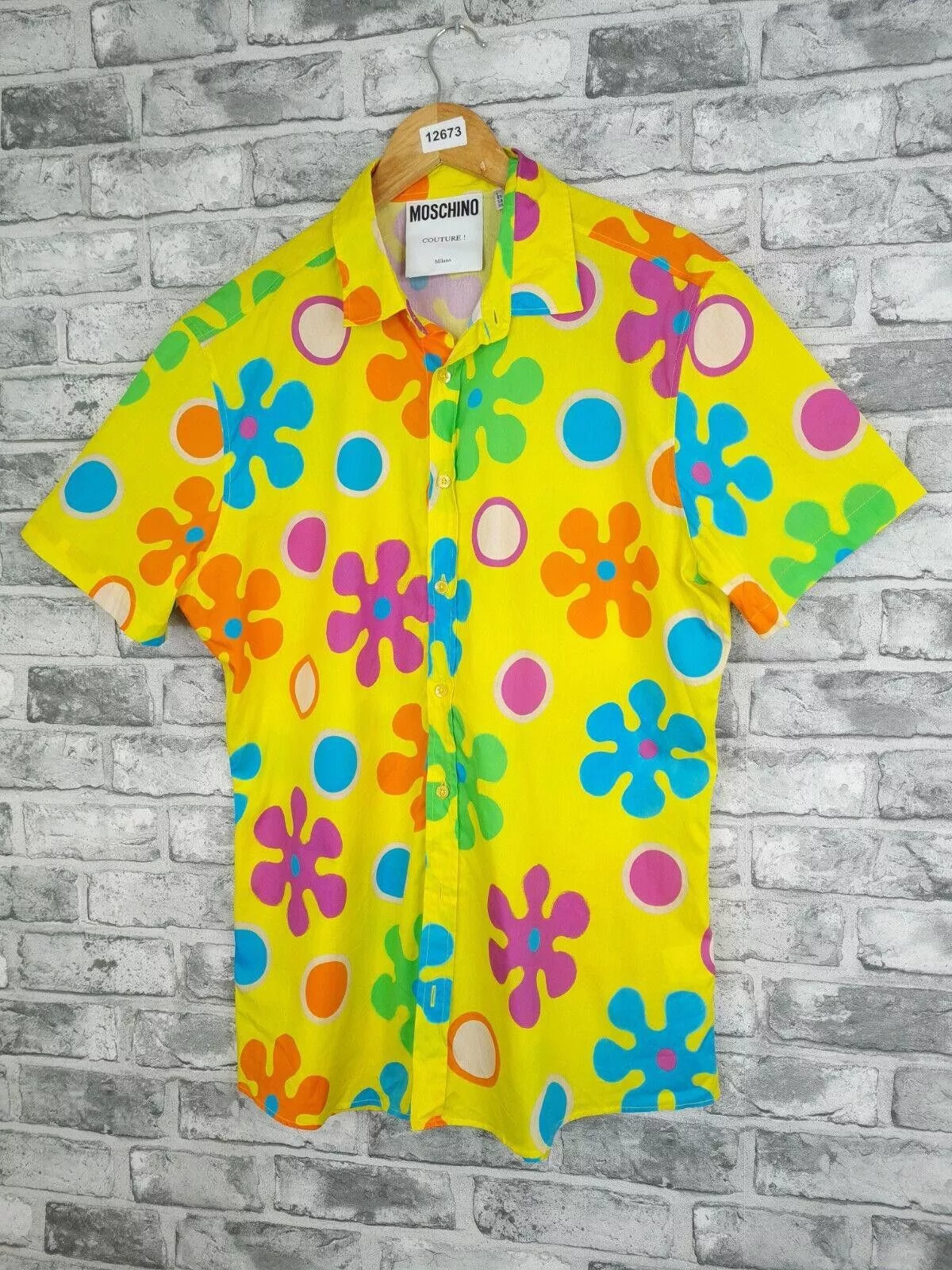 Moschino Short Sleeve T Shirts Moschino Couture Shirt Size 16.5 Bold Psychedelic floral Yellow