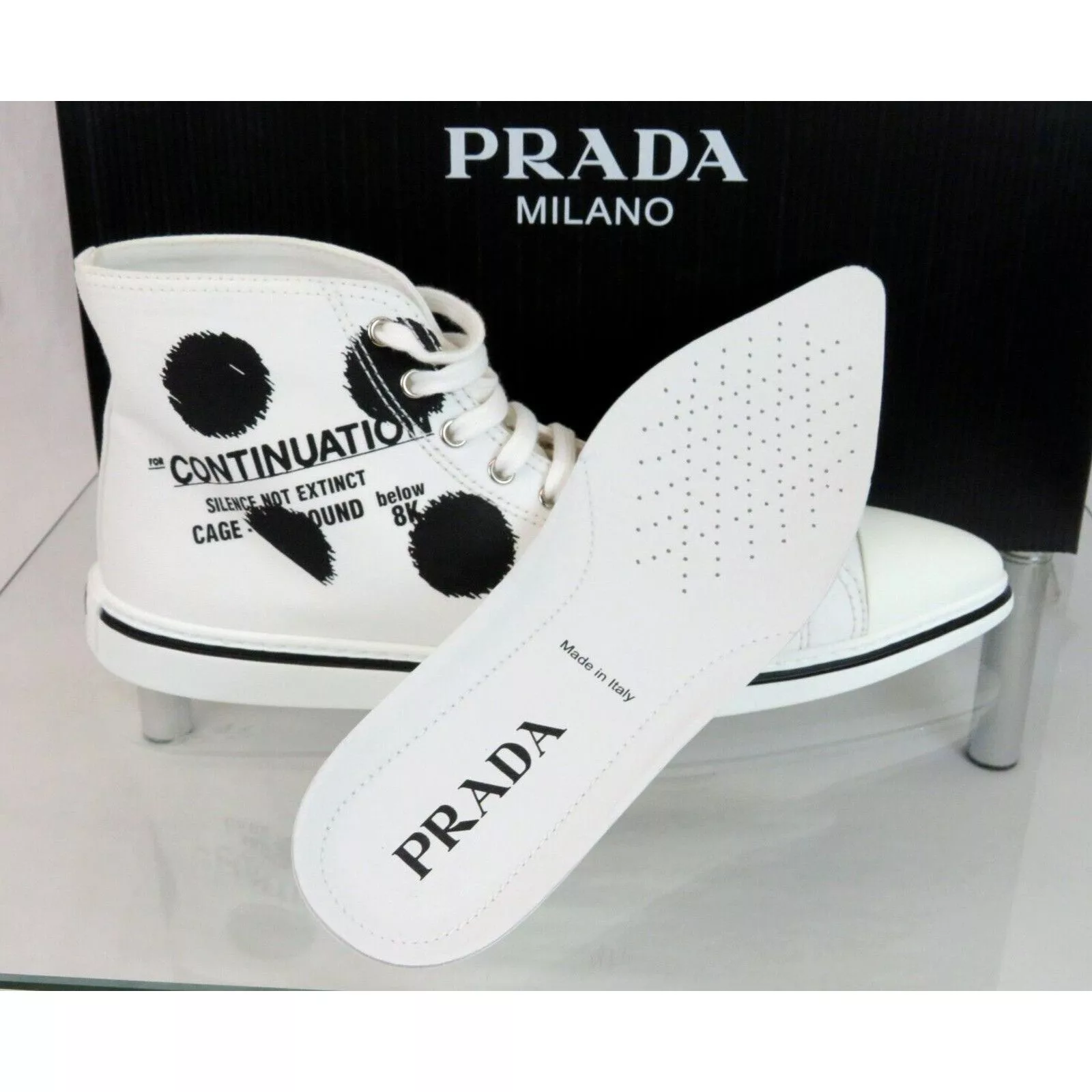 Prada Hi Top Sneakers Prada 1T618M WHITE BLACK POLKA CANVAS LOGO POINTY CAP SNEAKERS 38