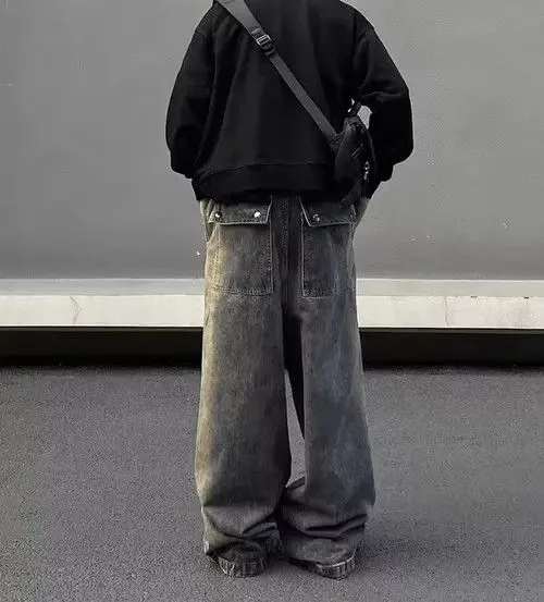 Japanese Brand Denim Japanese Brand × Jean Retro wash gradient drawstring work wide leg jeans Blue Streetwear
