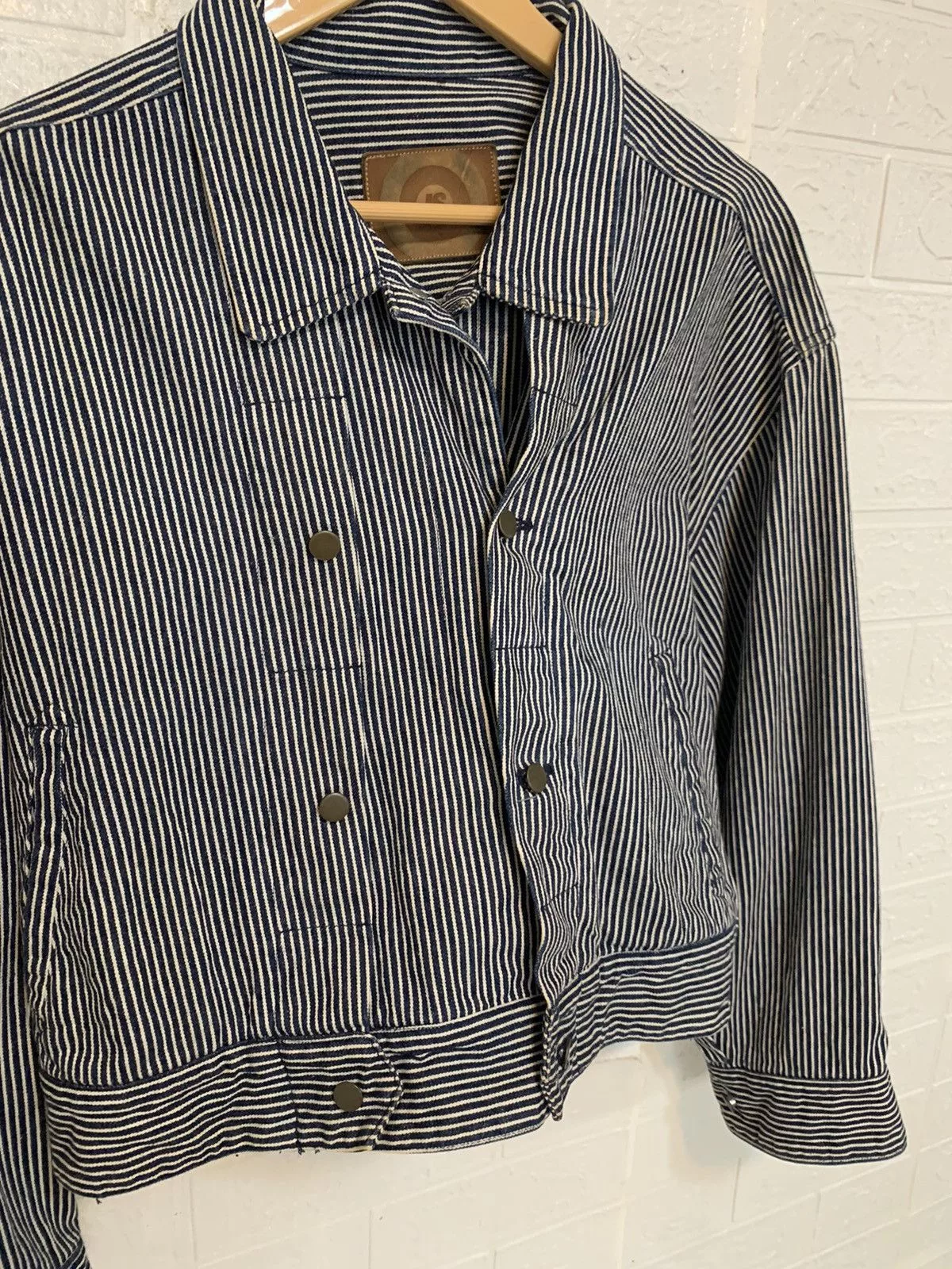 Issey Miyake Denim Jackets Vintage Issey Miyake Hickory Stripe Asymemetrical Jacket Blue