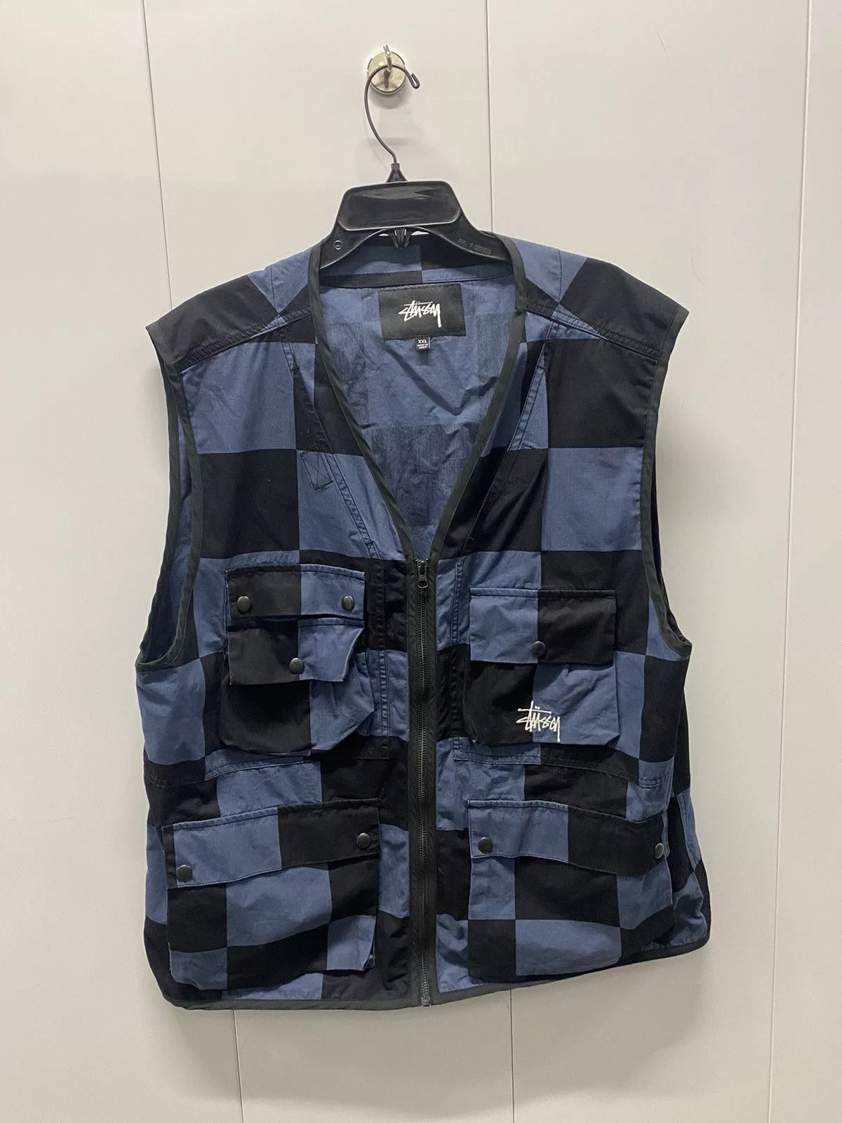 Stussy Vests STUSSY Checker Cargo Vest Blue Black Checkerboard Sz XXL