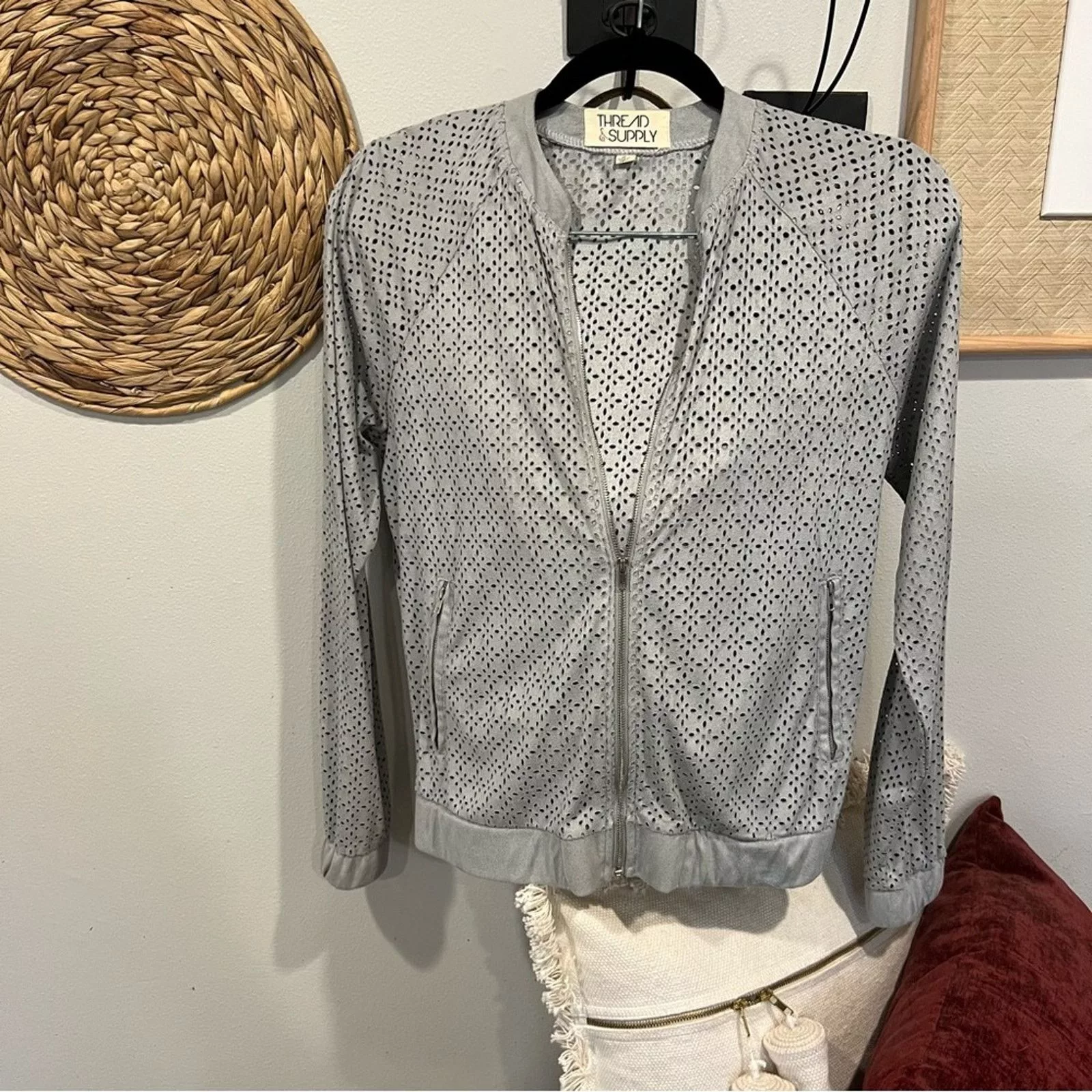 Other Jackets Other Thread & Supply Gray Suede Bomber Jacket Floral Cut Out