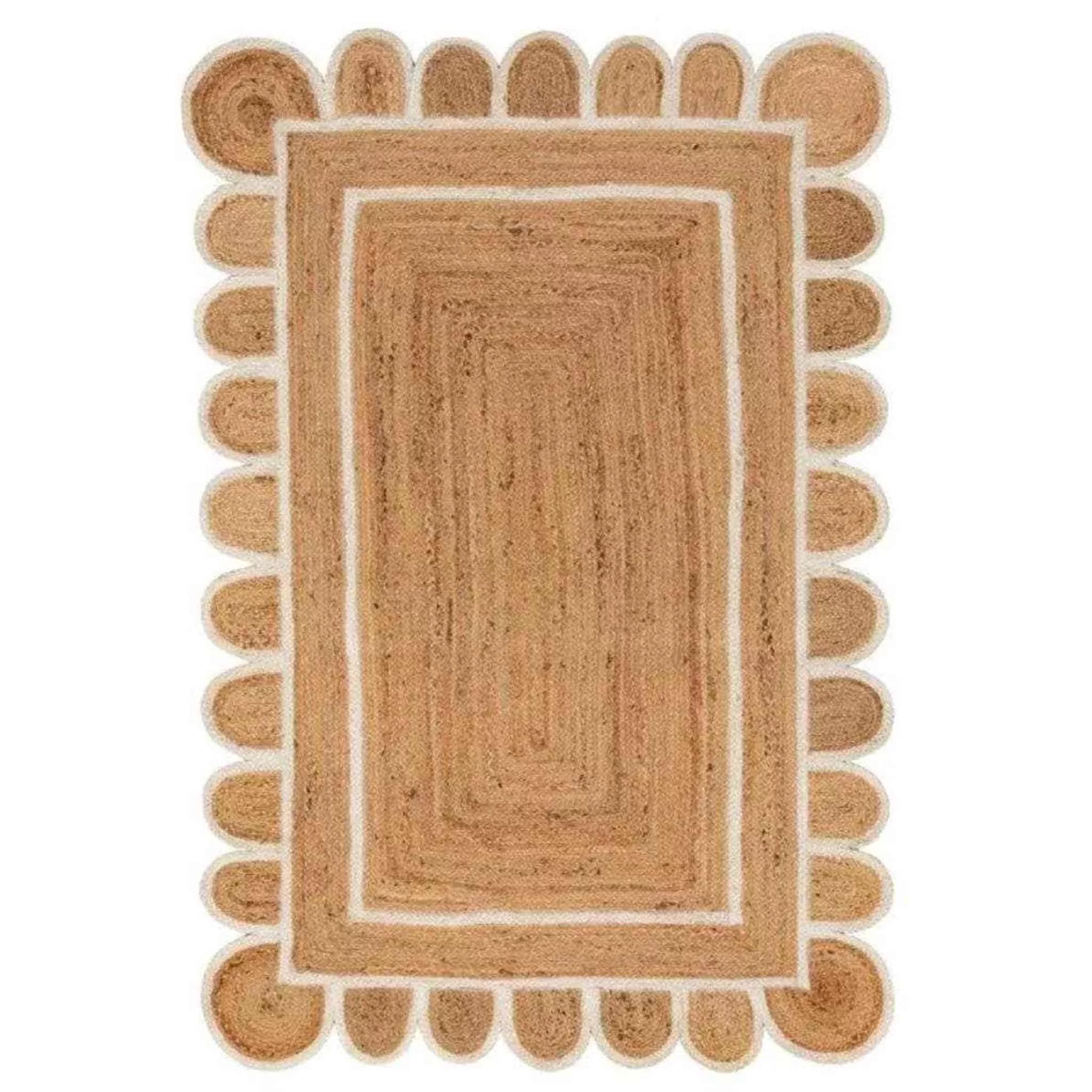 Handmade White Scalloped Jute Rug Custom Sizes Available - Curated Home Decor