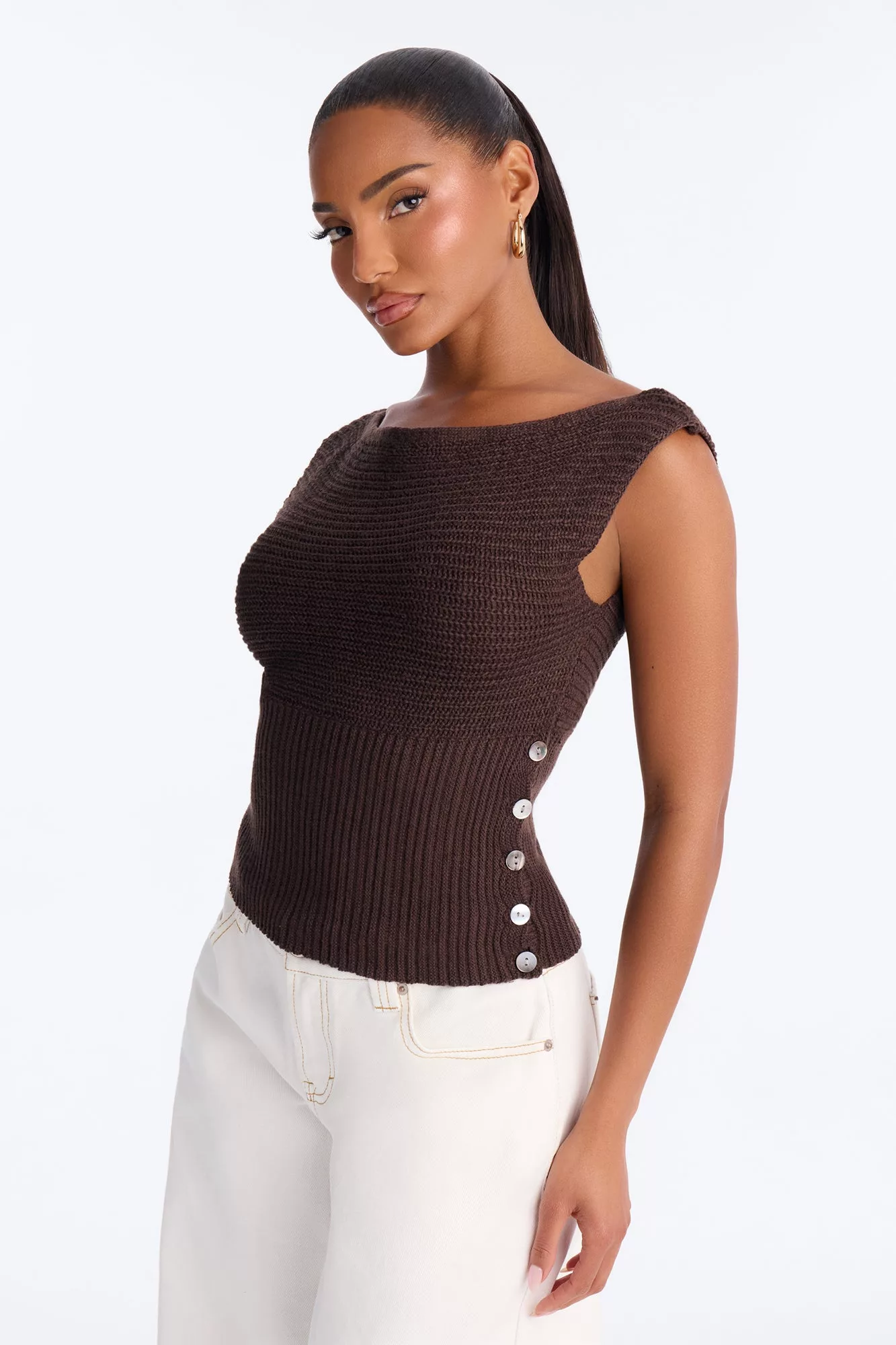 Cool Breeze Boat Neck Sweater Top - Chocolate