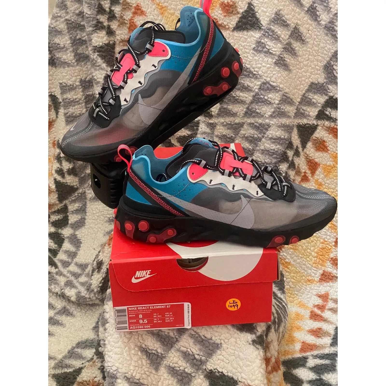 Nike Low Top Sneakers Nike React Element 87 "Solar Red" m 8 /w 9.5 Black