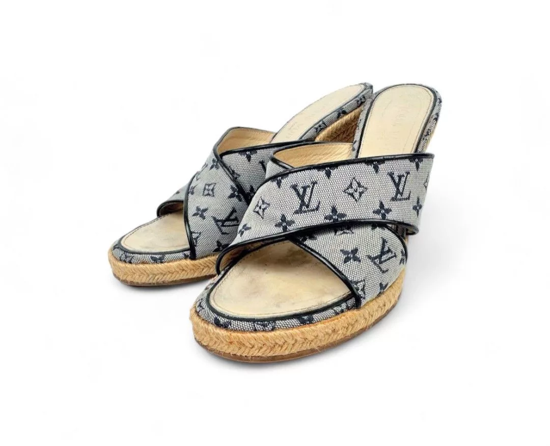 Louis Vuitton Sandals Louis Vuitton - 37 Wedge Sandals Monogram Denim LV Blue