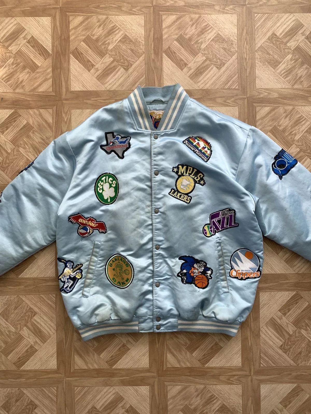 Jeff Hamilton Bombers Jeff Hamilton × Vintage Vintage Jeff Hamilton NBA Patches Satin Bomber Jacket Blue
