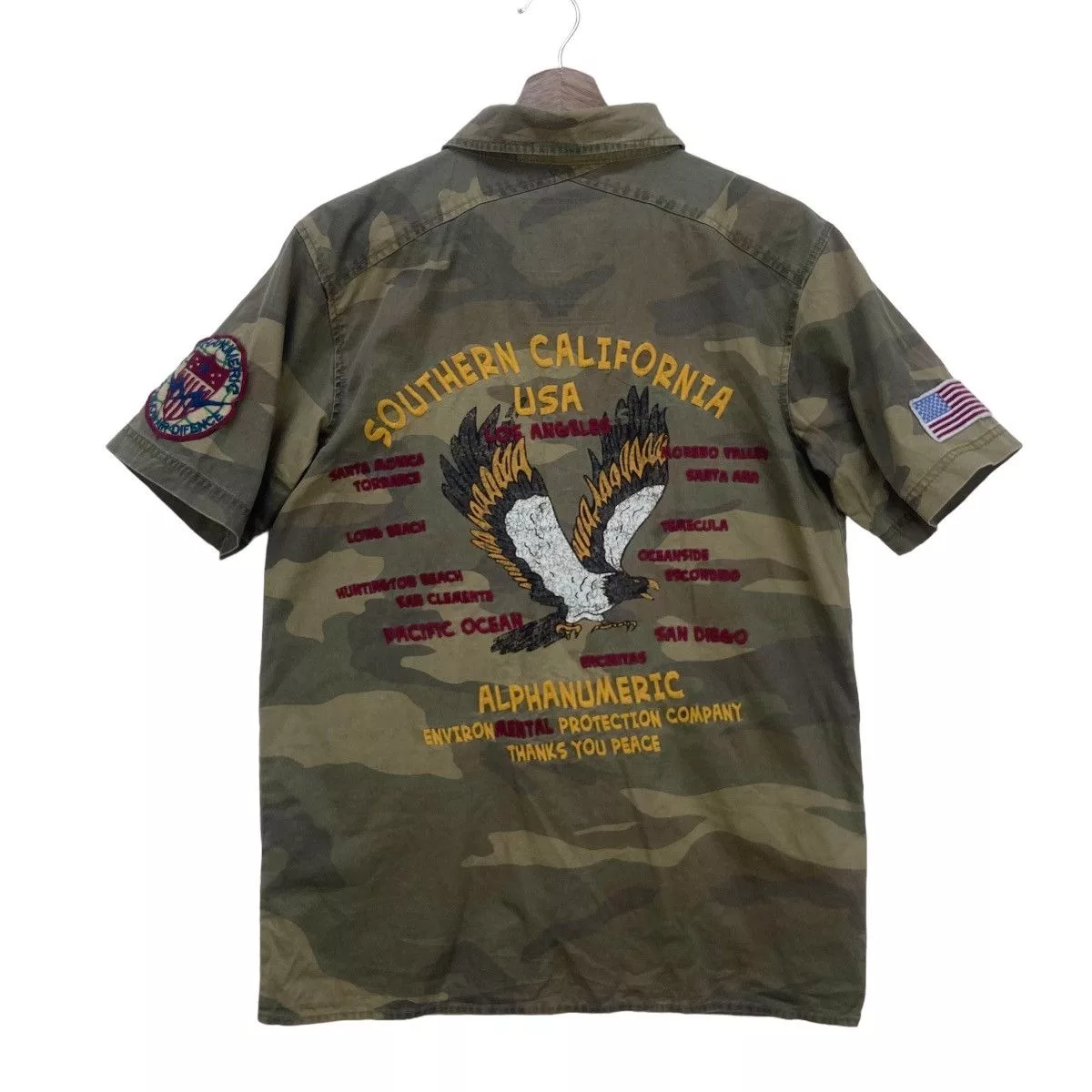 Alphanumeric Shirts Button Ups Alphanumeric Southern California USA Flag Eagle Logo Utility Shirt Multi Vintage