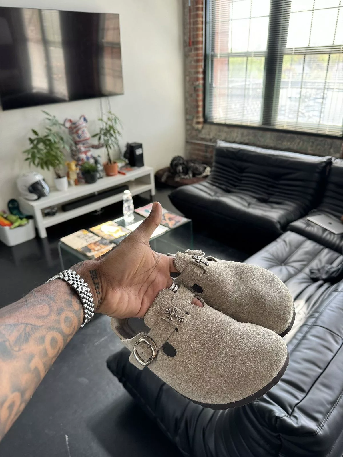 Chrome Hearts Slip Ons Chrome Hearts Birkenstocks Brown