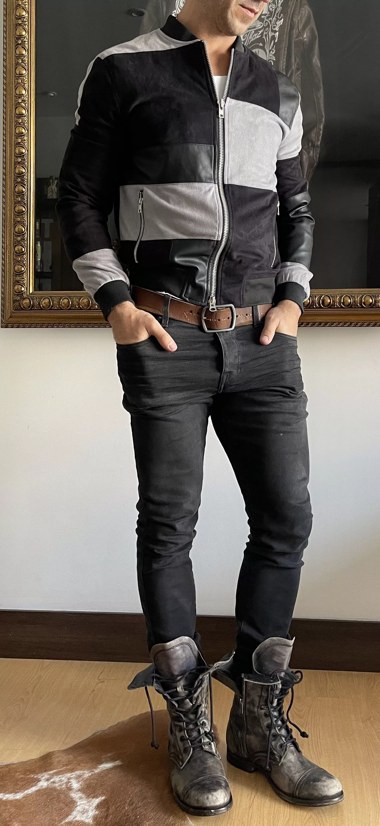 Other Leather Jackets Other Patchwork Leather Suede Black Grey Bomber Jacket Sandro