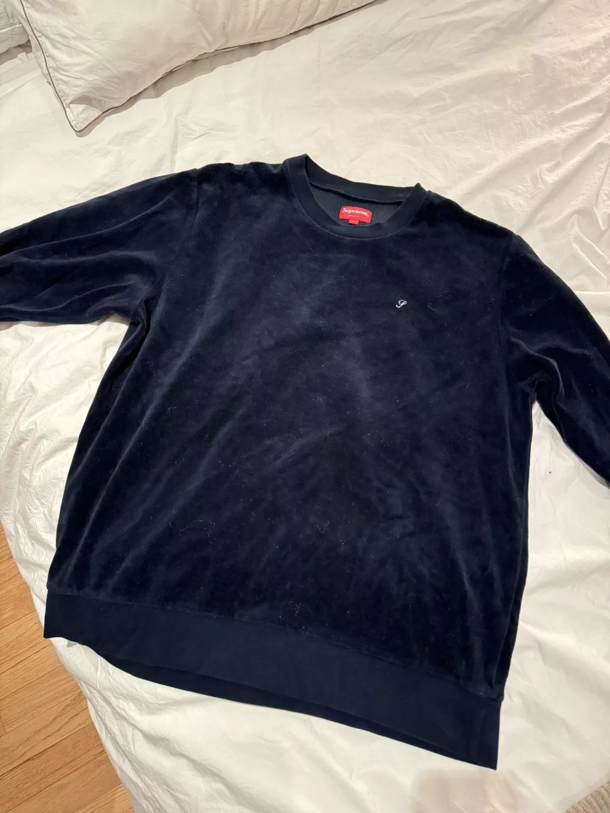 Supreme Long Sleeve T Shirts Supreme velour navy crew neck Blue
