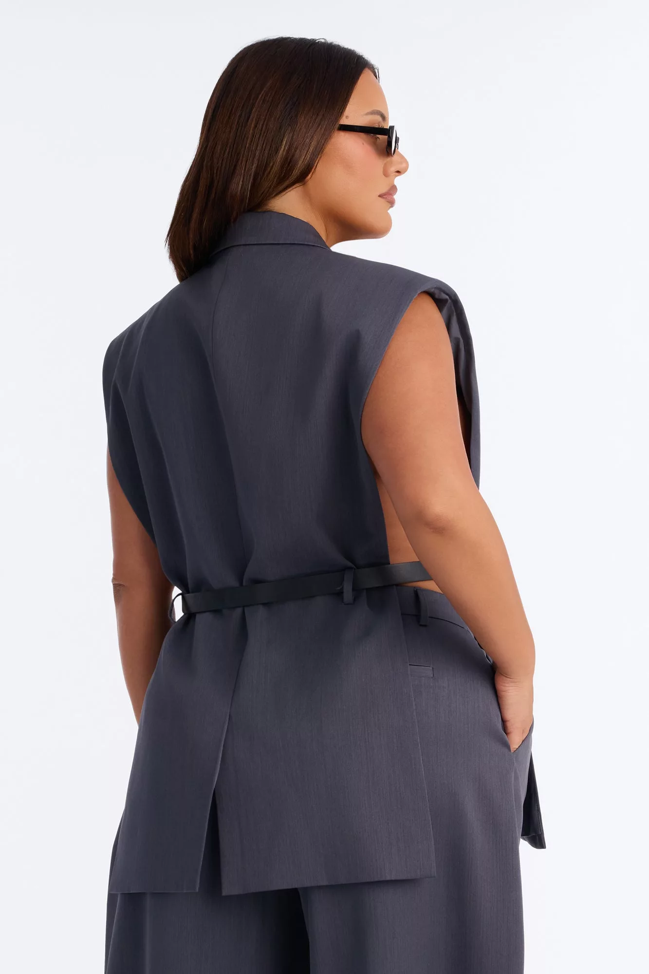 Willow Sleeveless Belted Blazer - Charcoal
