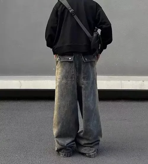Japanese Brand Denim Japanese Brand × Jean Retro wash gradient drawstring work wide leg jeans Blue Streetwear