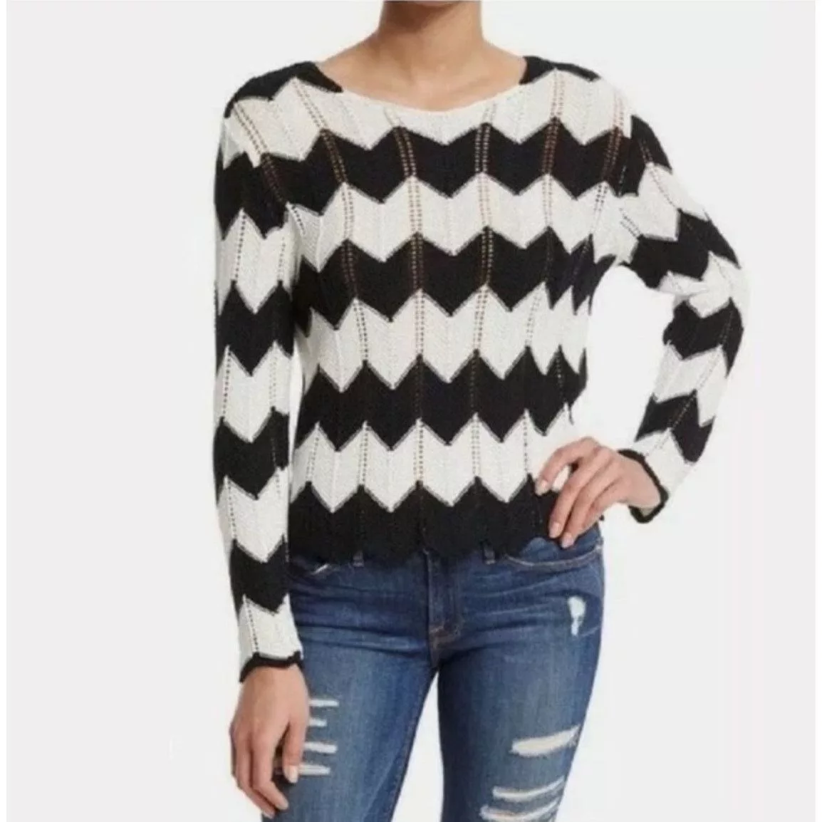 Frame Short Sleeve T Shirts FRAME‎ Denim Le Croche Zig-Zag Sweater ( S ) Black