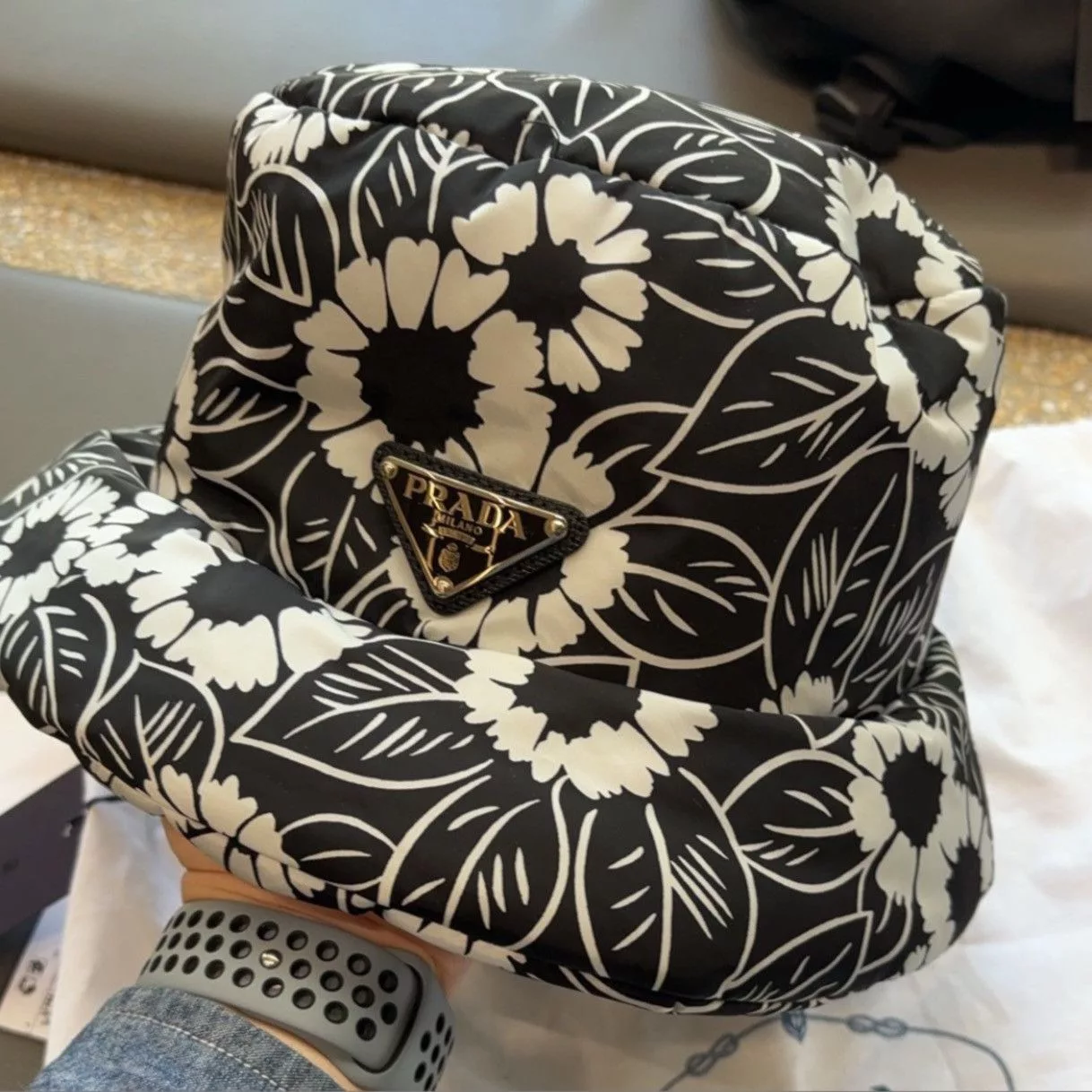Prada Hats Prada Printed Nylon Bucket Hat Black