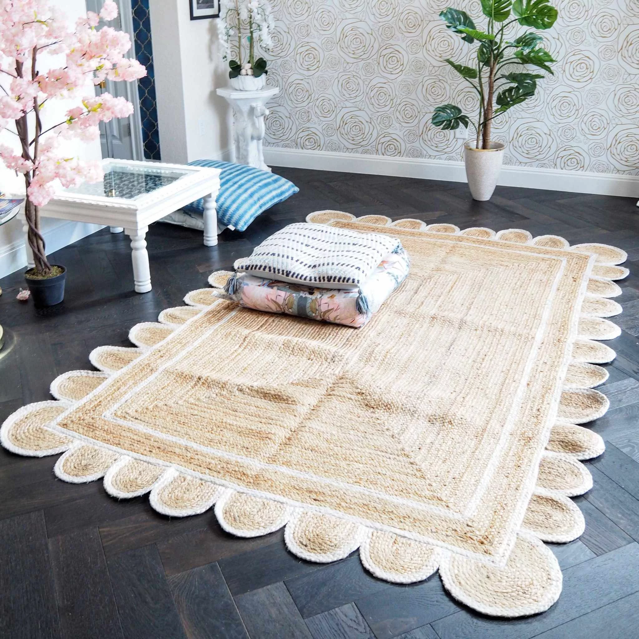 Handmade White Scalloped Jute Rug Custom Sizes Available - Curated Home Decor