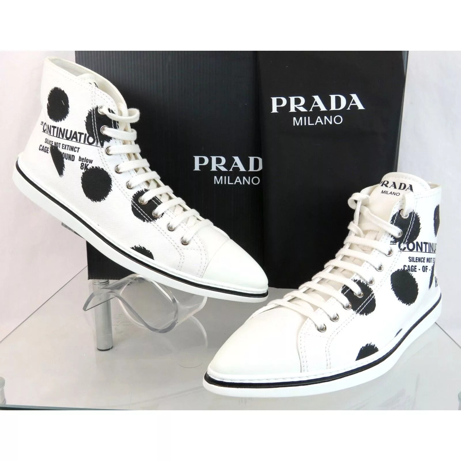 Prada Hi Top Sneakers Prada 1T618M WHITE BLACK POLKA CANVAS LOGO POINTY CAP SNEAKERS 38