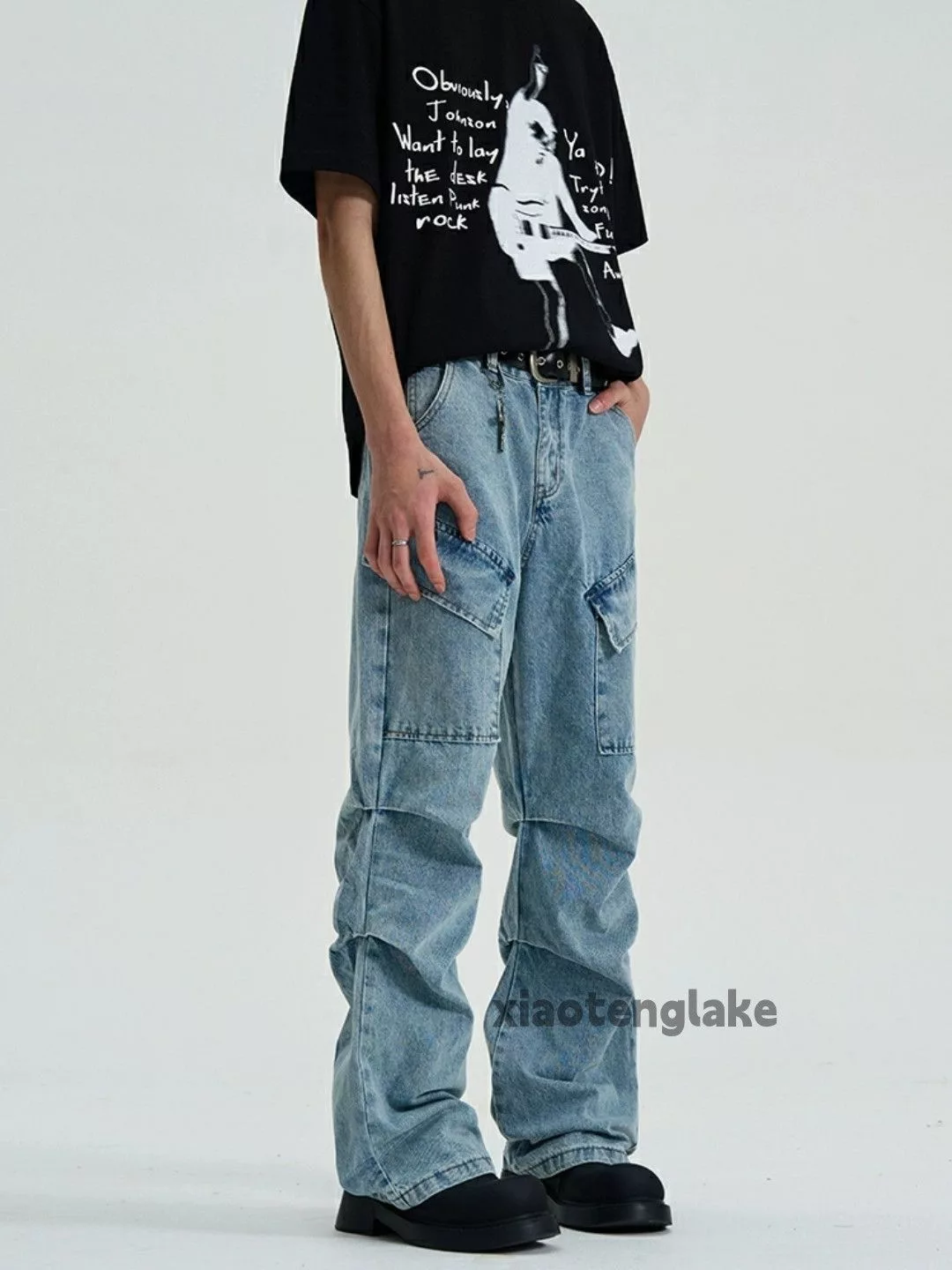 Jean Denim Jean × Vintage washed faded pleated punk grunge flared cargo jeans Blue