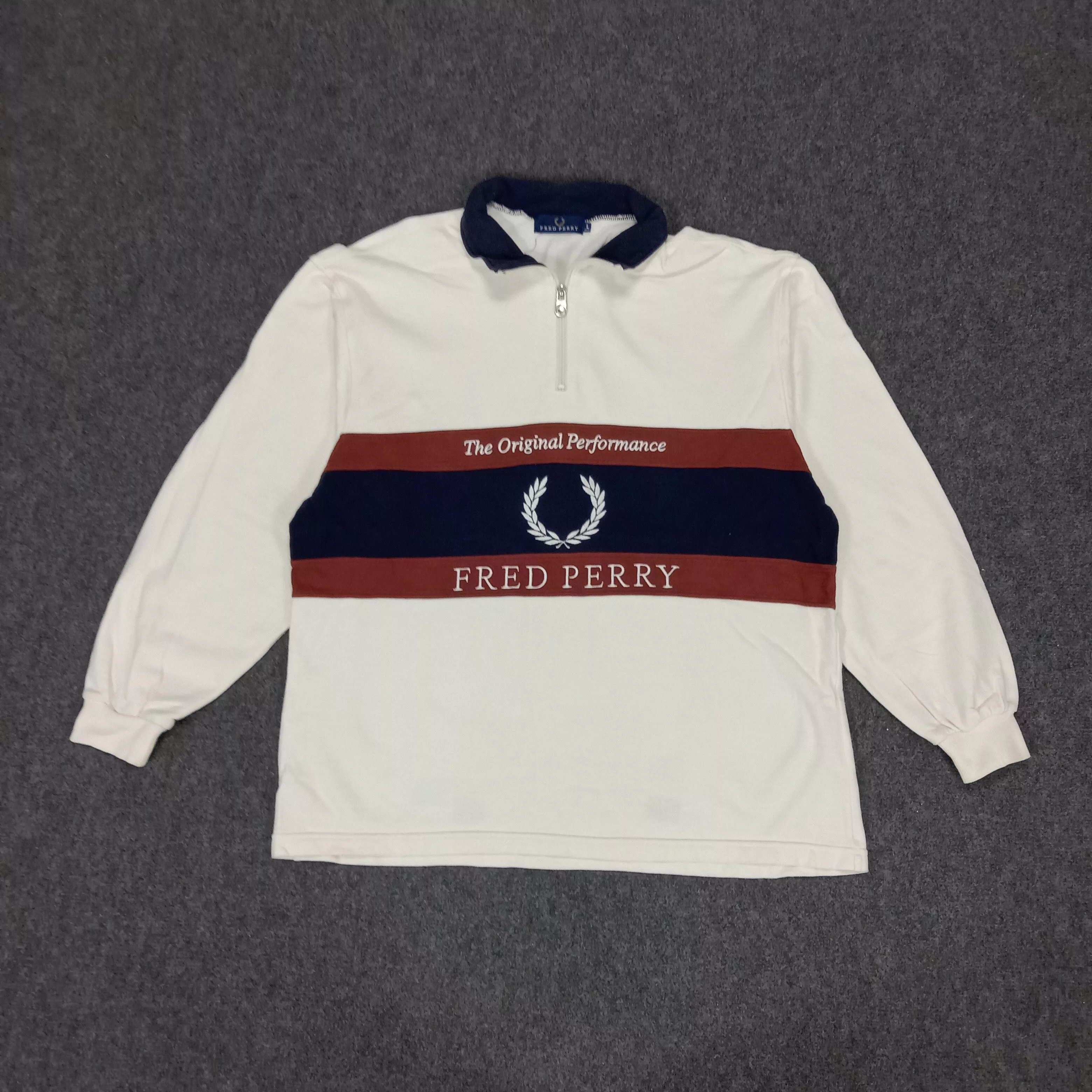 Fred Perry Sweatshirts Hoodies Fred Perry × Vintage Fred Perry Center Design Half Zipper Sweatshirt White Streetwear