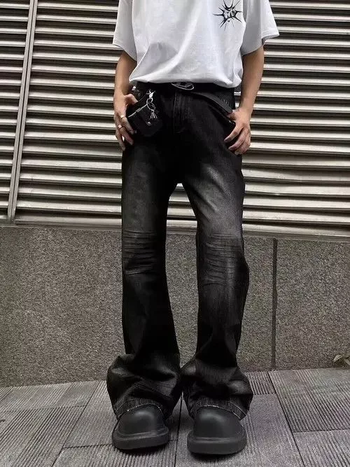 Japanese Brand Denim Japanese Brand × Jean Street ripped corrugated pleated micro-flared jeans Black Streetwear