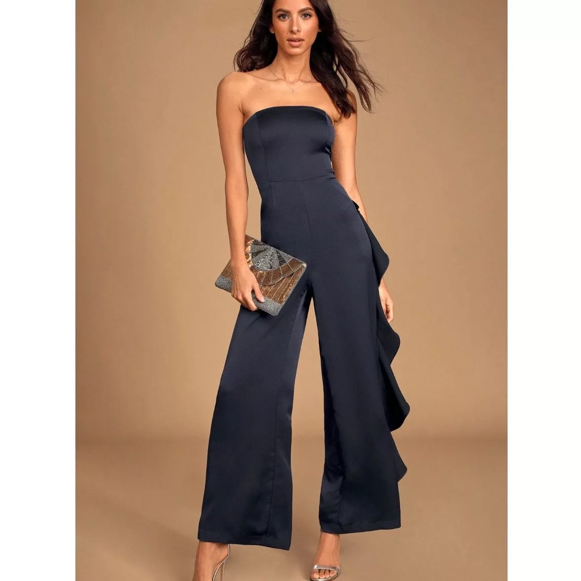 Other Jumpsuits Other Cascading Love Navy Blue Strapless Ruffled Wide-Leg Jumpsuit