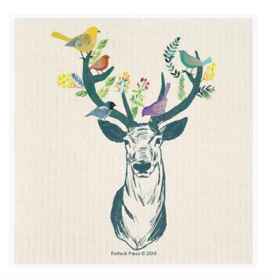 Birds on Antlers Swedish Dishcloth